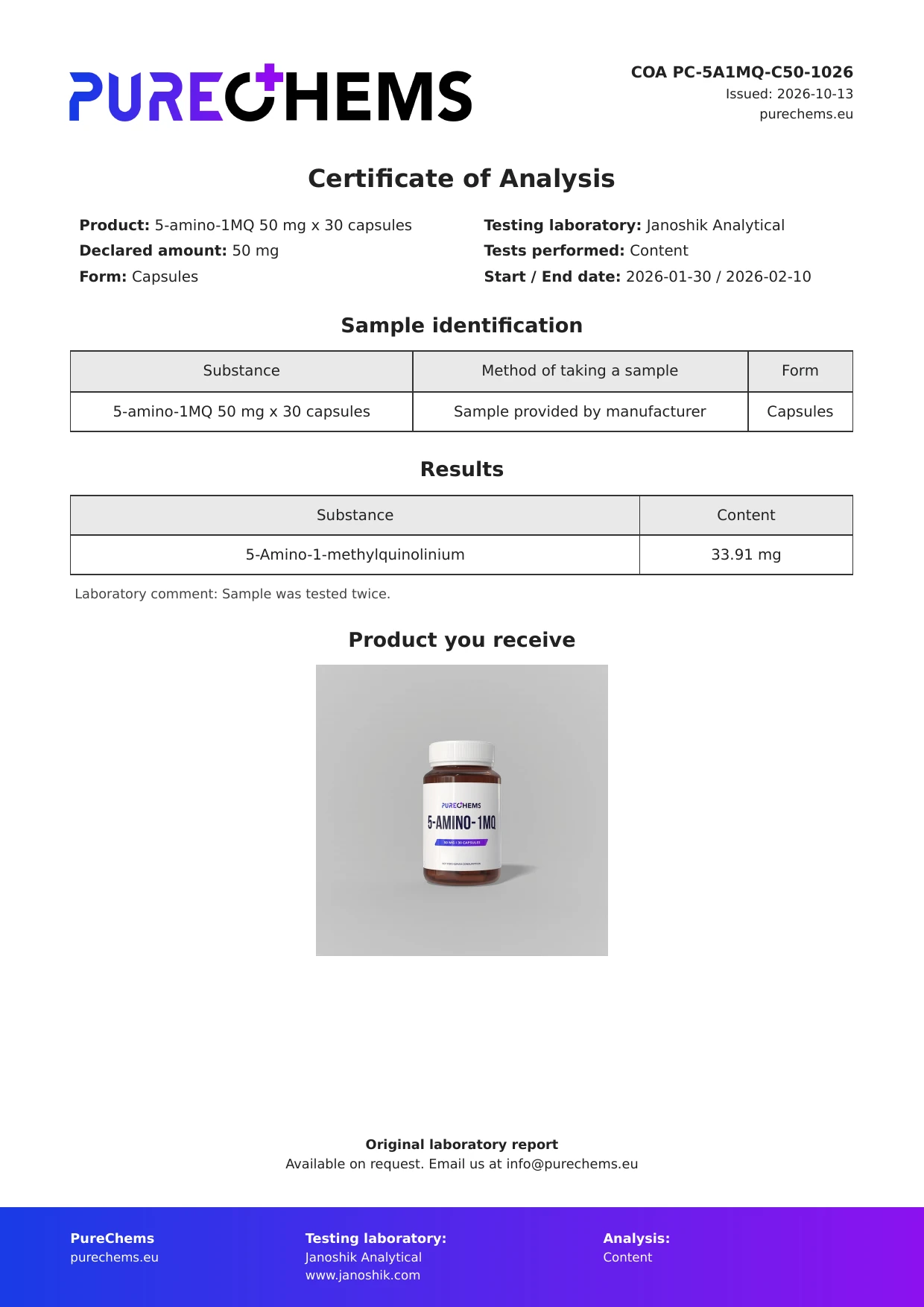 Certificate of Analysis for 5-amino-1MQ