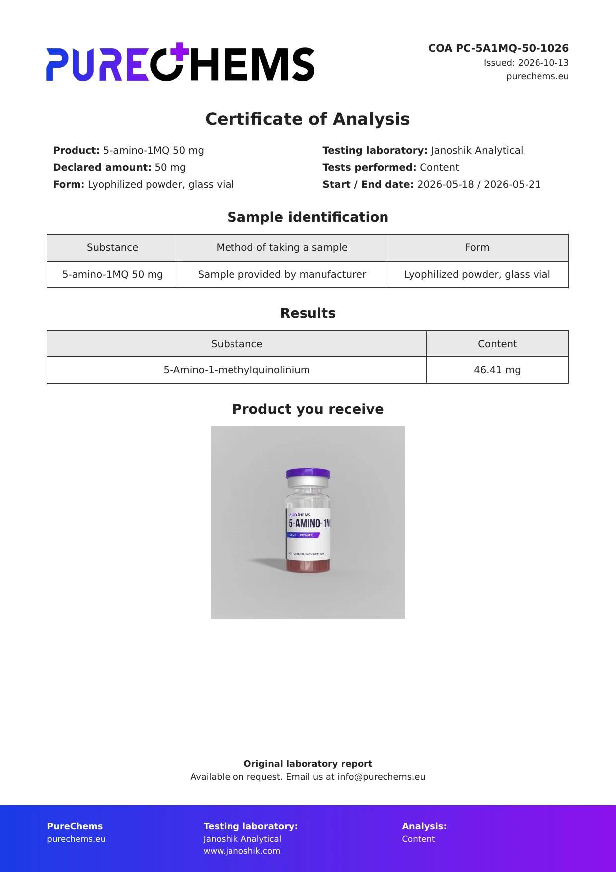 Certificate of Analysis for 5-amino-1MQ