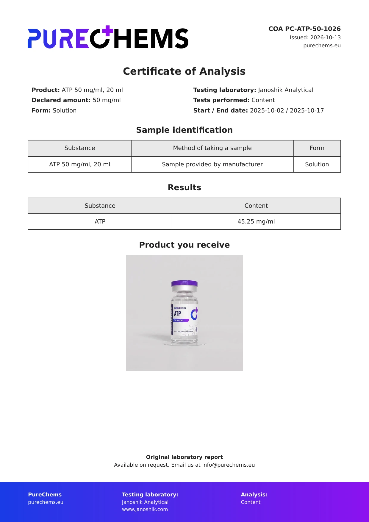 Certificate of Analysis for ATP 50mg/ml