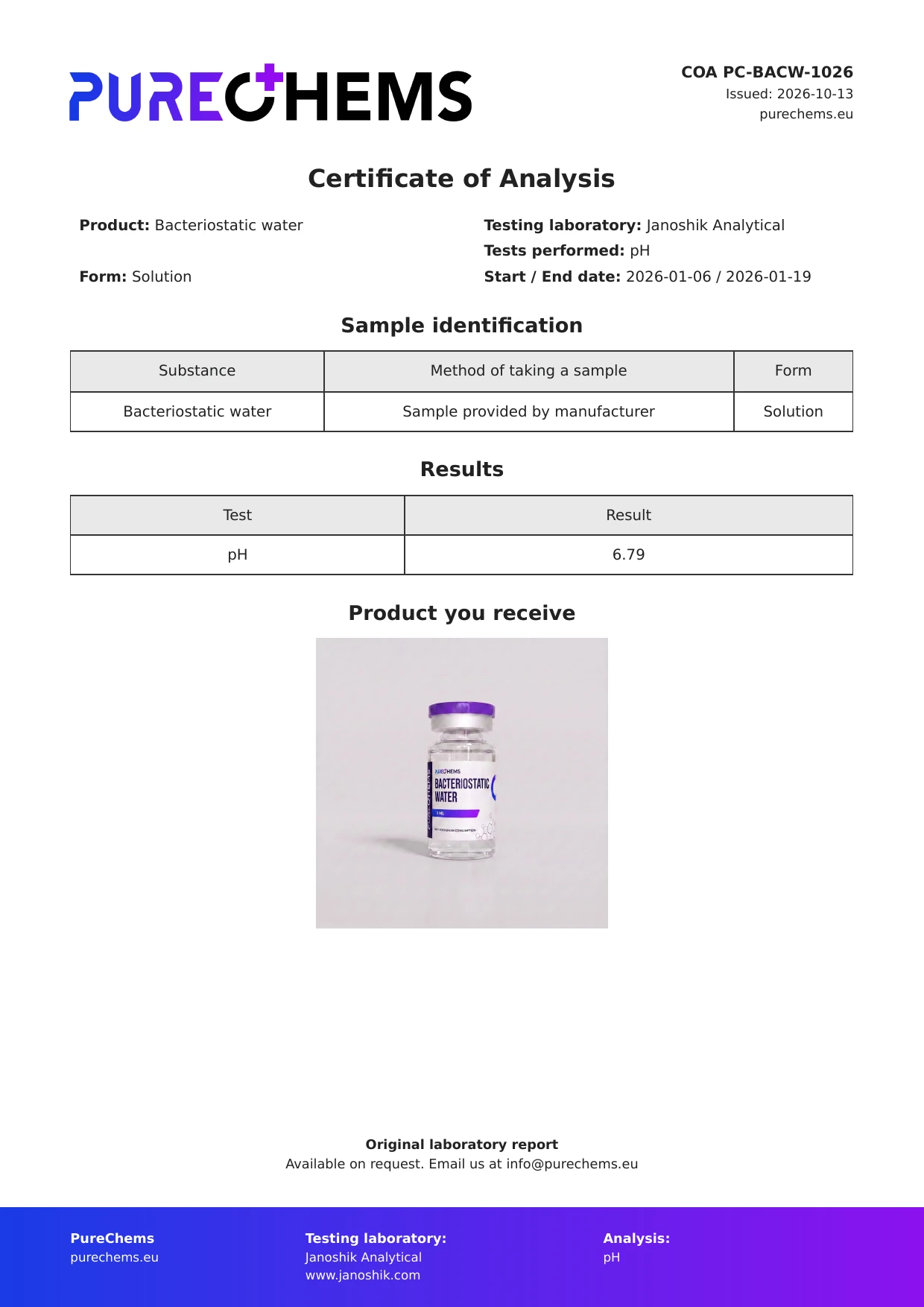 Certificate of Analysis for Bacteriostatic water