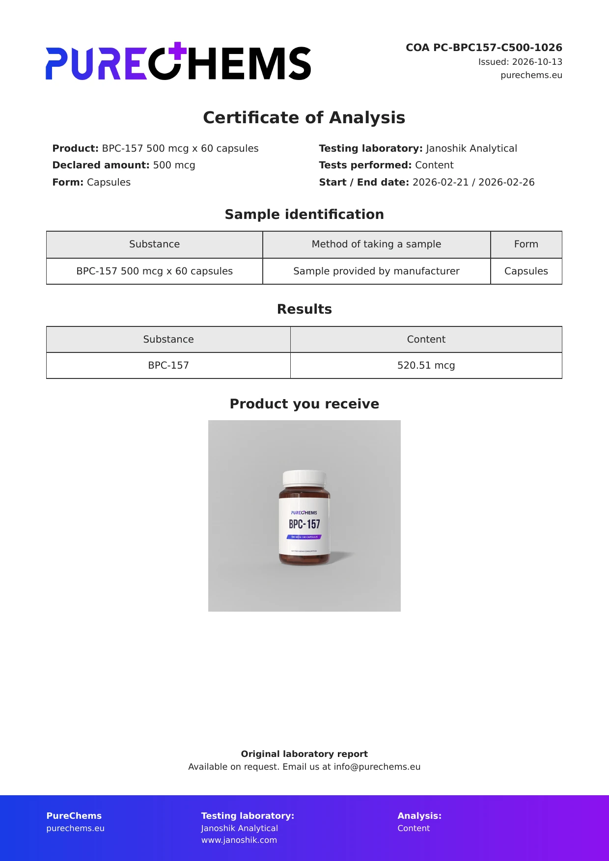 Certificate of Analysis for BPC-157 500mcg x 60 capsules
