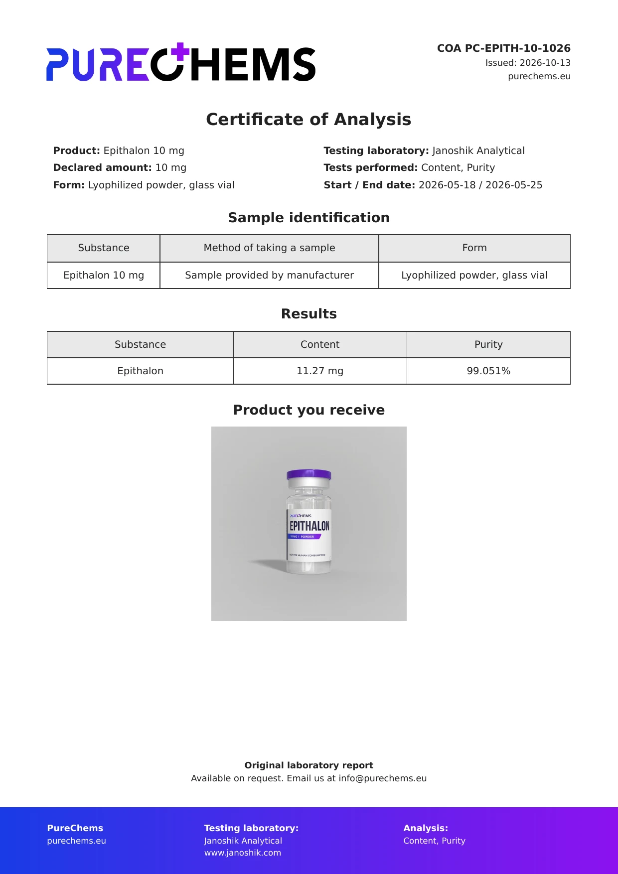Certificate of Analysis for Epithalon