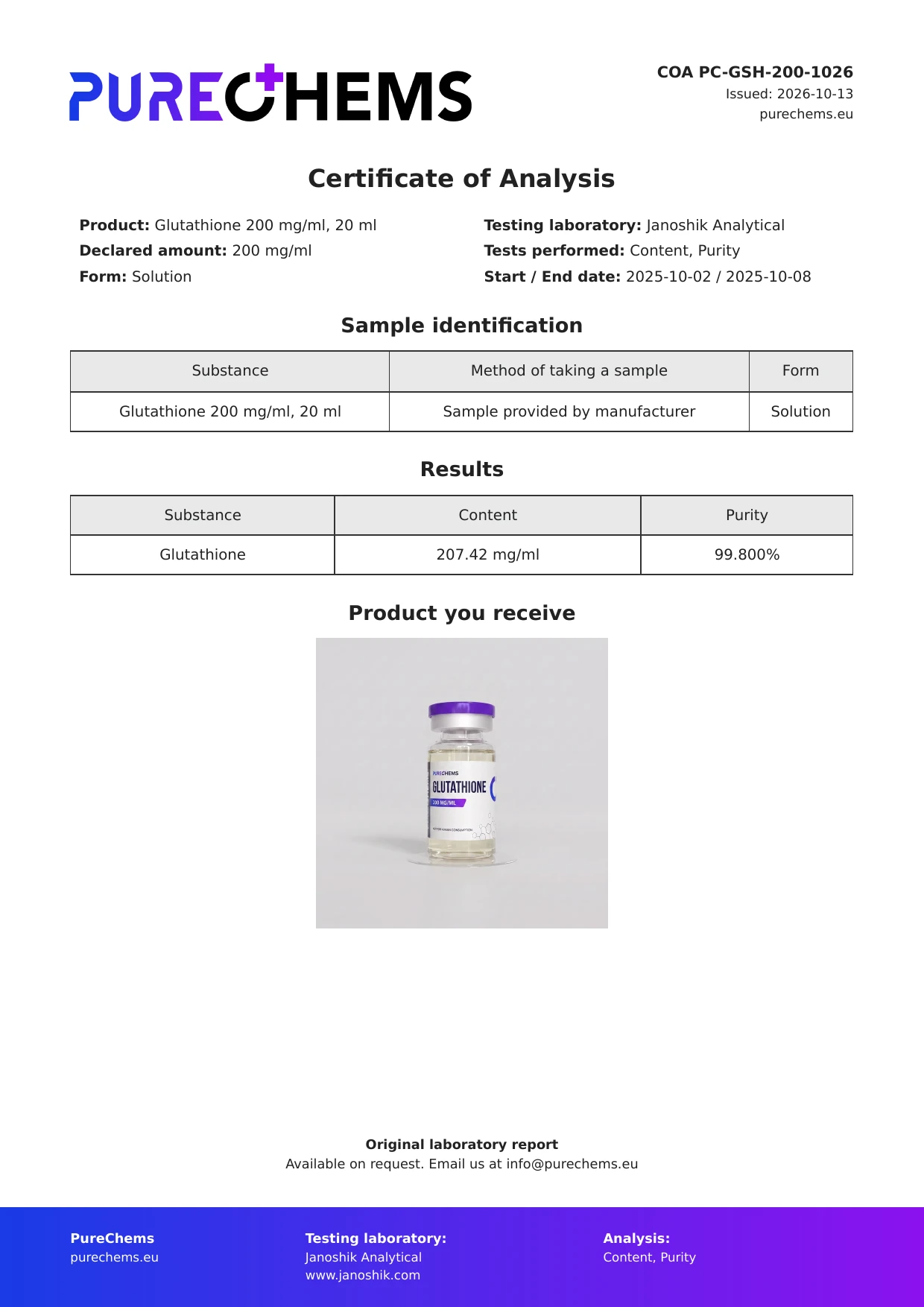 Certificate of Analysis for Glutathione