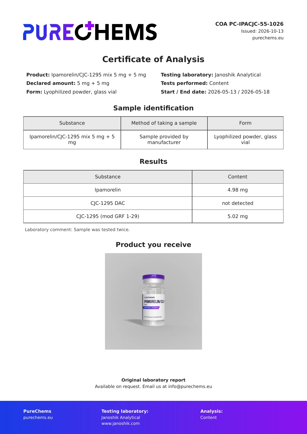 Certificate of Analysis for Ipamorelin/CJC-1295 mix