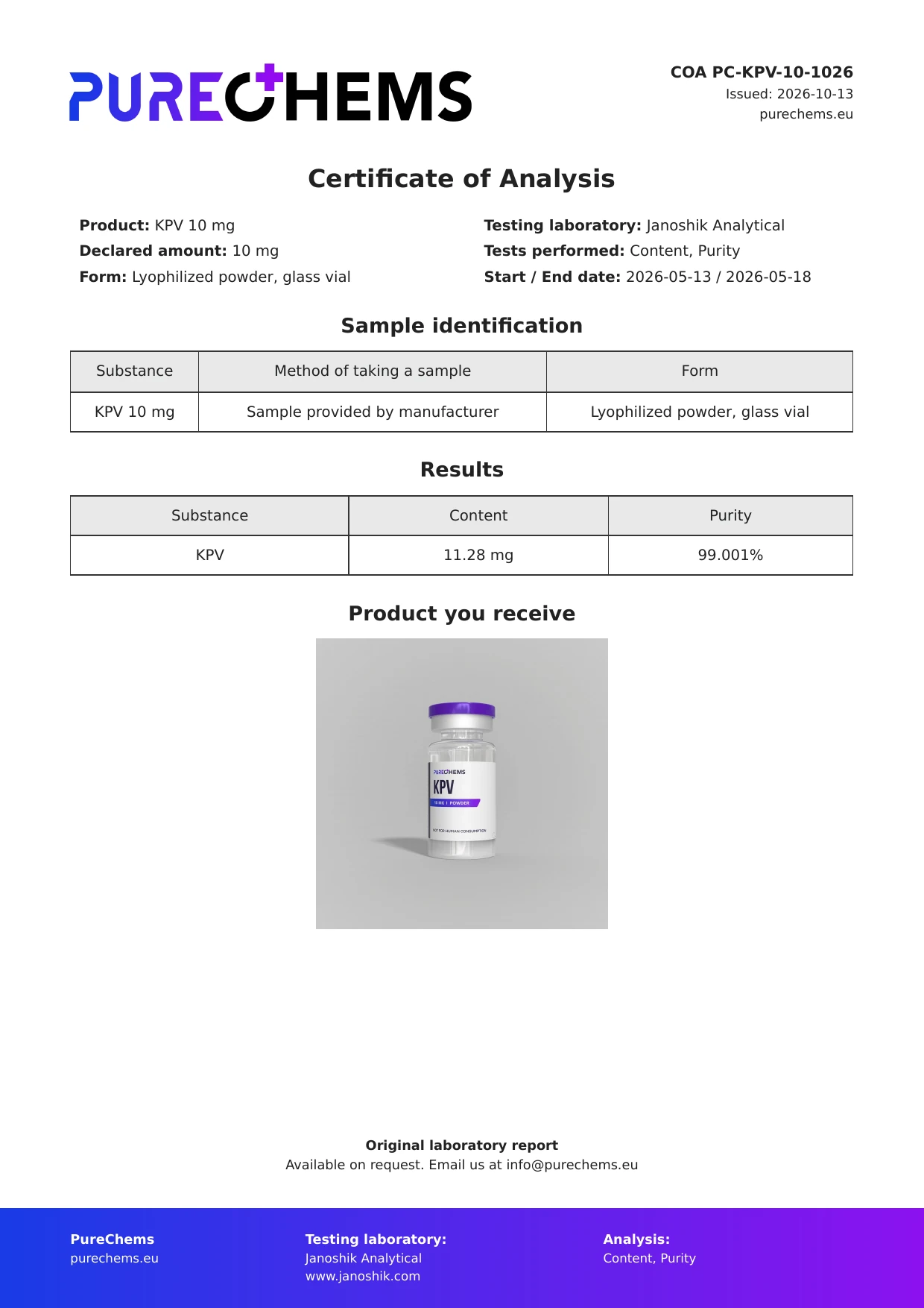 Certificate of Analysis for KPV