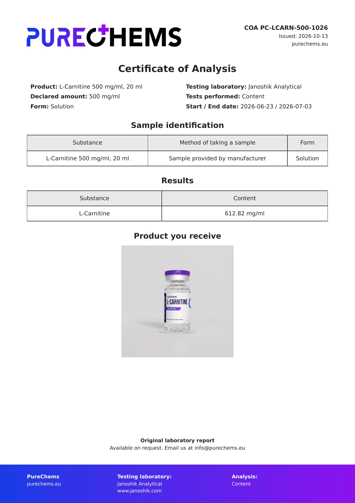 Certificate of Analysis for L-Carnitine