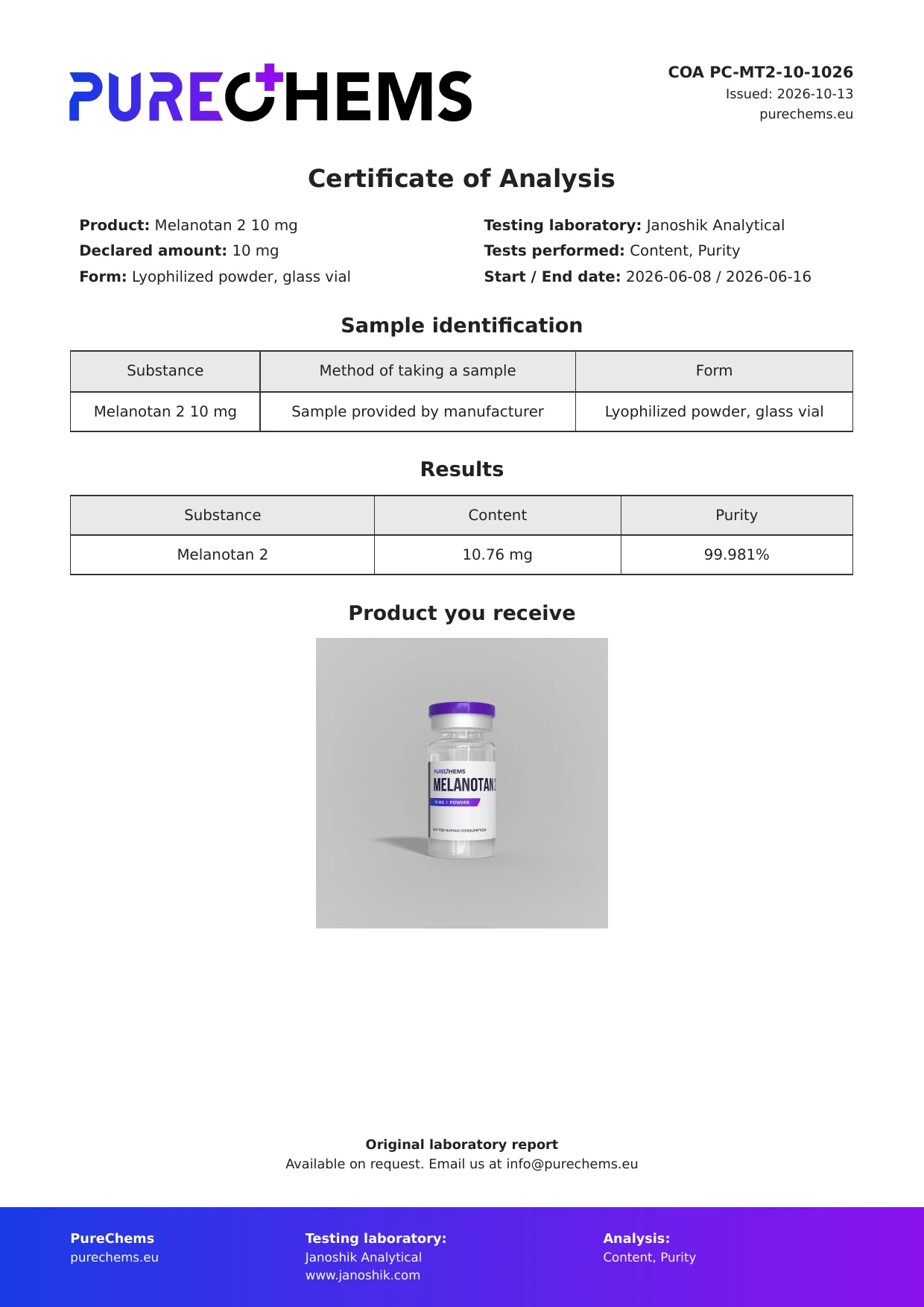 Certificate of Analysis for Melanotan 2
