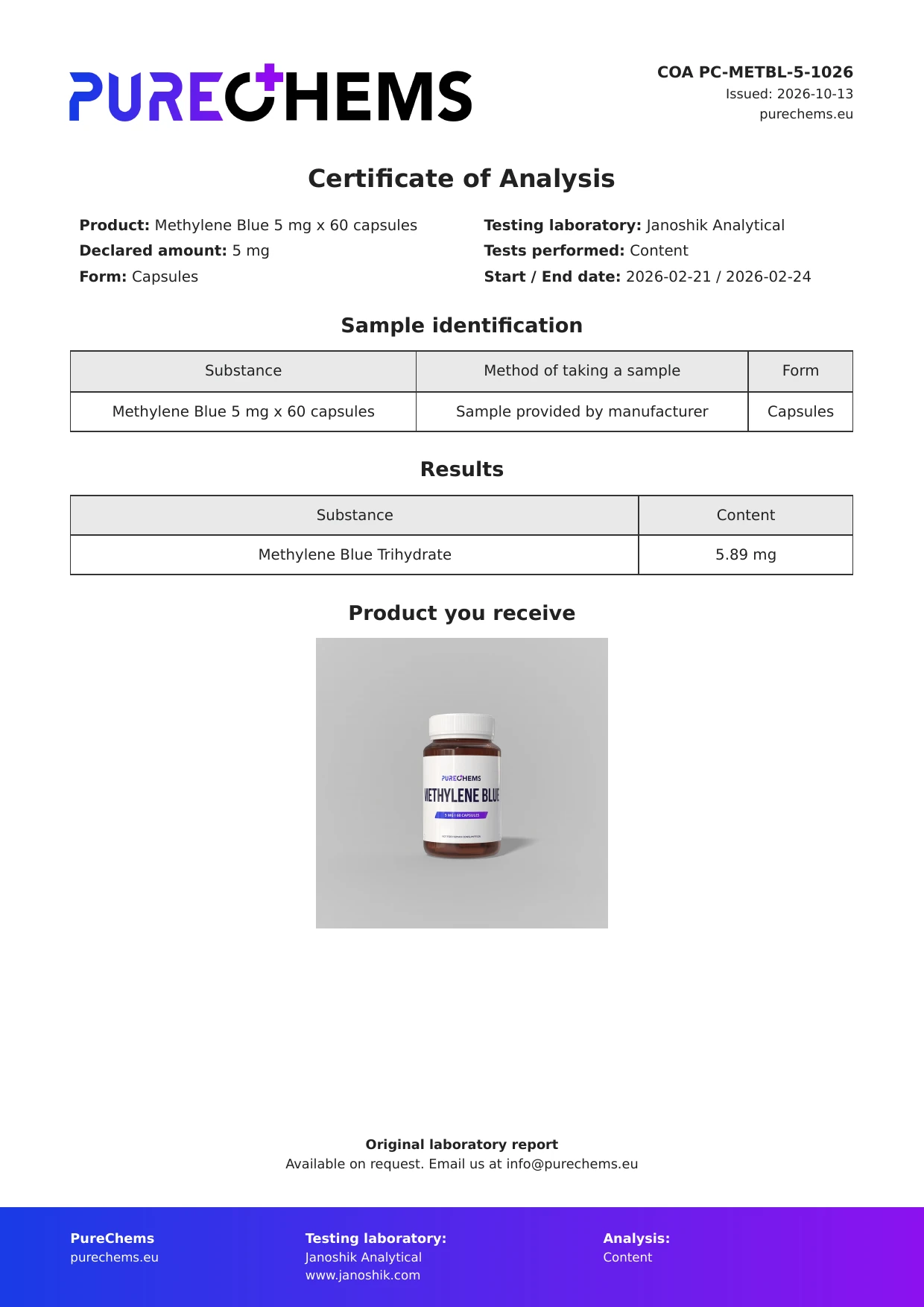 Certificate of Analysis for Methylene Blue