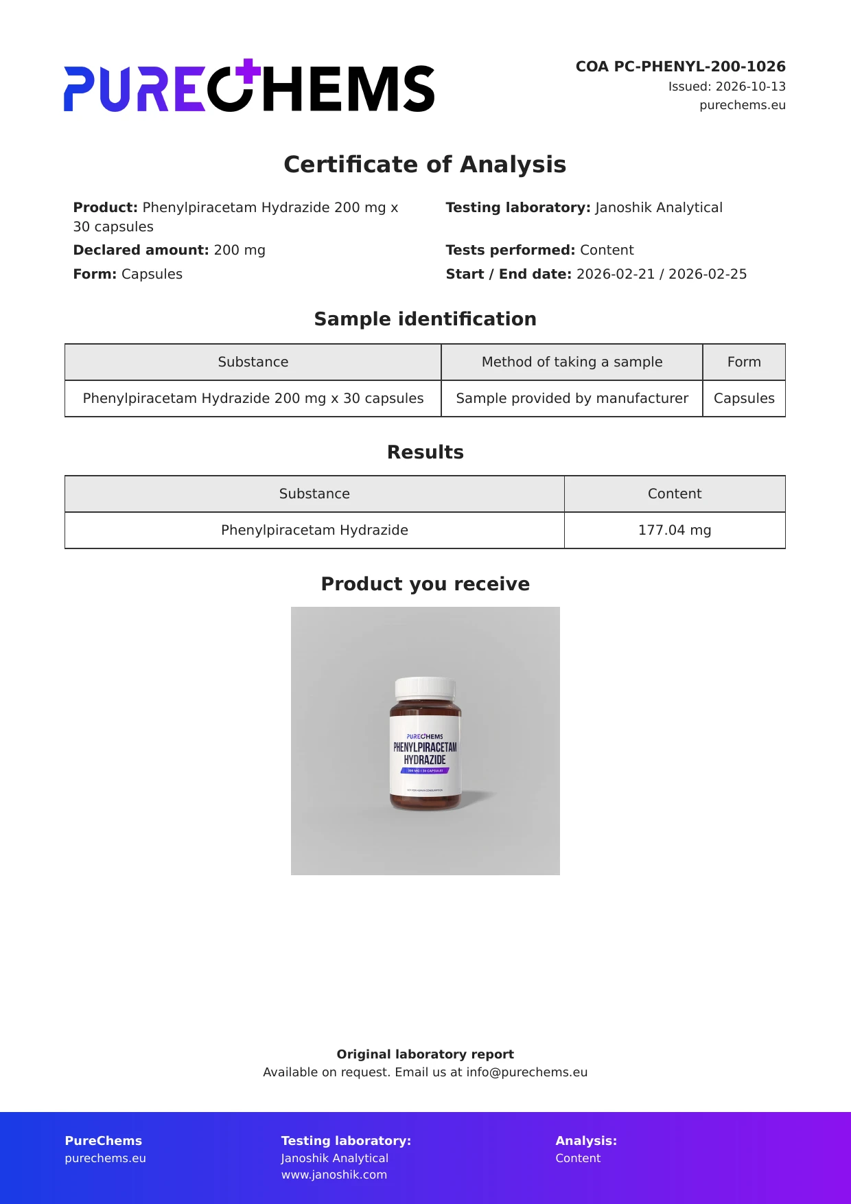 Certificate of Analysis for Phenylpiracetam hydrazide