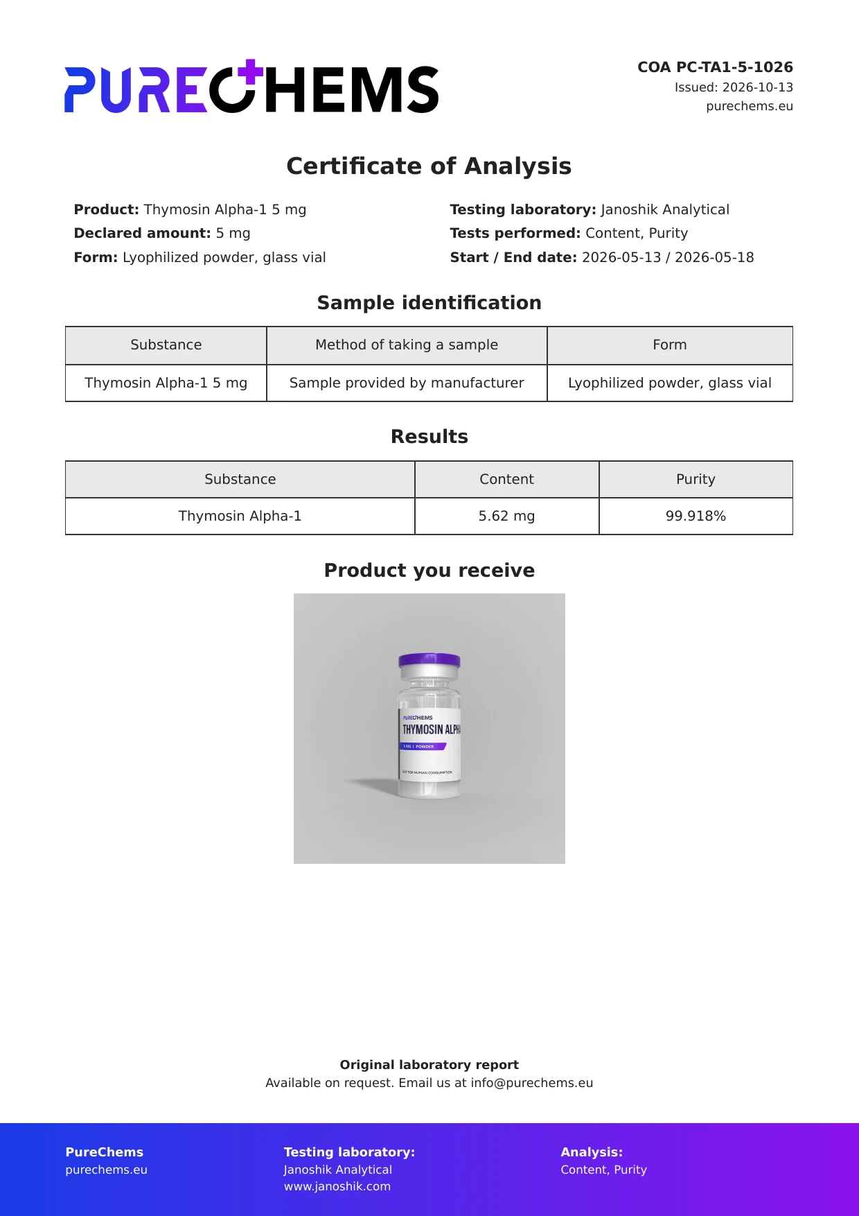 Certificate of Analysis for Thymosin Alpha 1