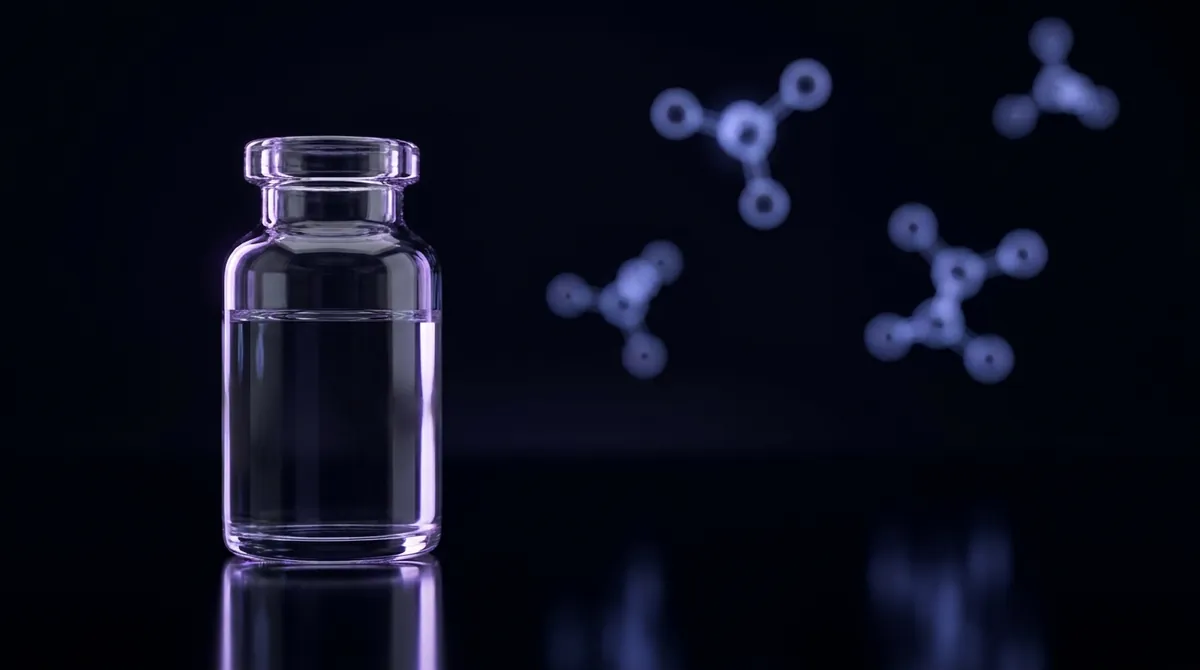 Laboratory vial of 0.6% acetic acid research solvent on a dark surface with a soft violet accent