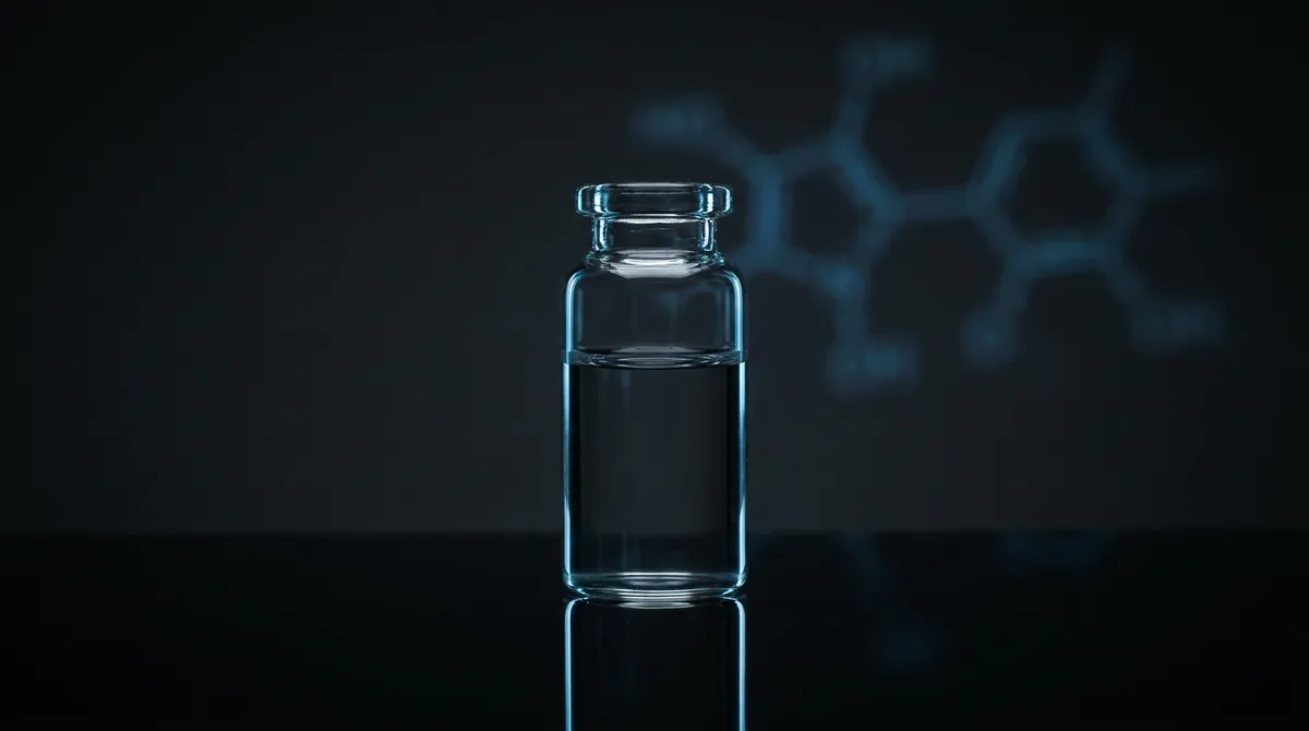 Laboratory vial of bacteriostatic water research solvent on a dark surface with a soft blue accent