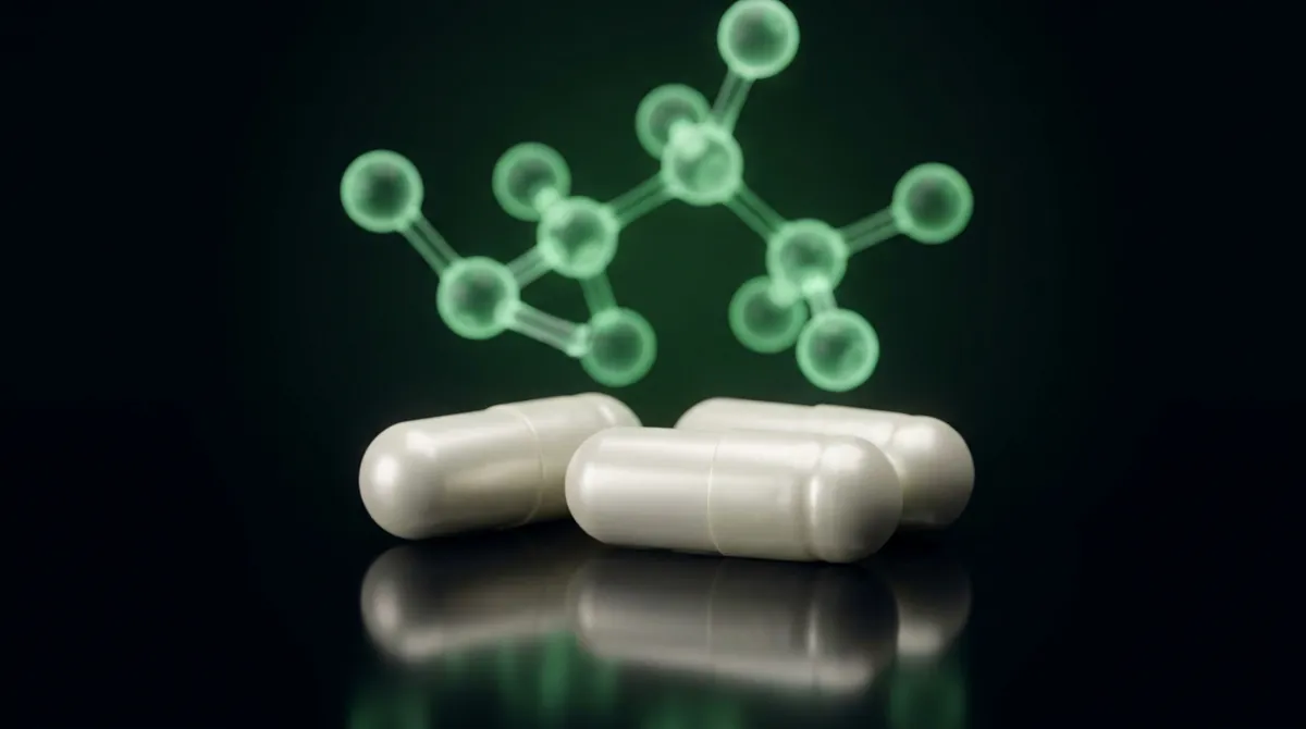 White Bemethyl research capsules with a glowing green molecular chain