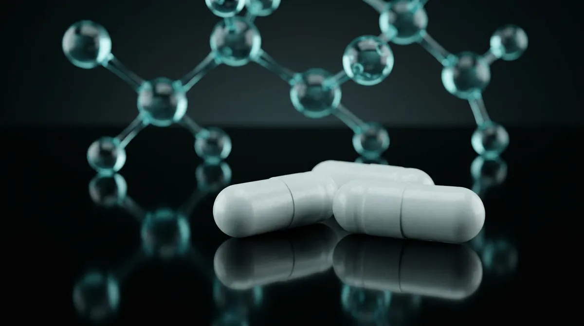 White Compound 7P research capsules with a glowing teal molecular chain