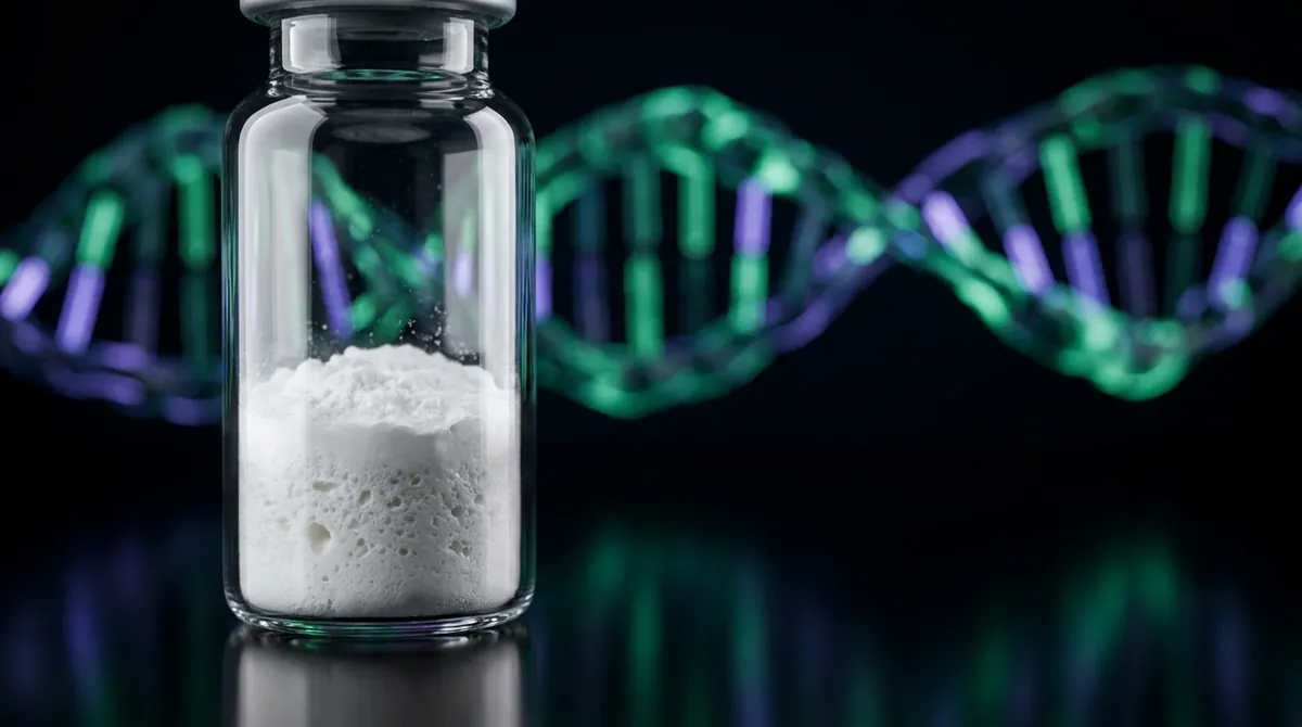 Laboratory vial of Epithalon research peptide powder with a glowing emerald and violet molecular chain