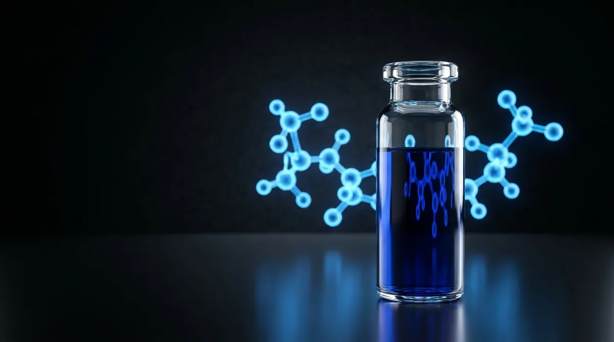 Laboratory vial of deep blue Methylene Blue research solution with a glowing electric blue molecular chain