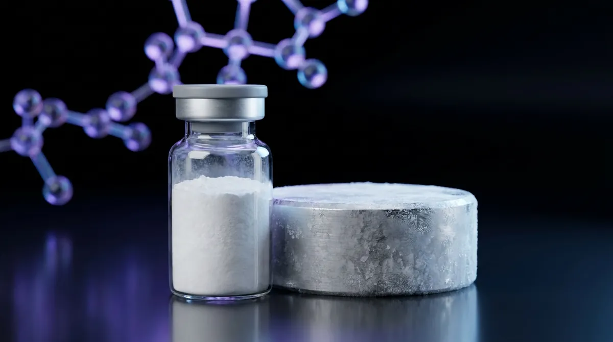 Sealed laboratory vial of lyophilized research peptide powder in cold storage, illustrating peptide storage and stability