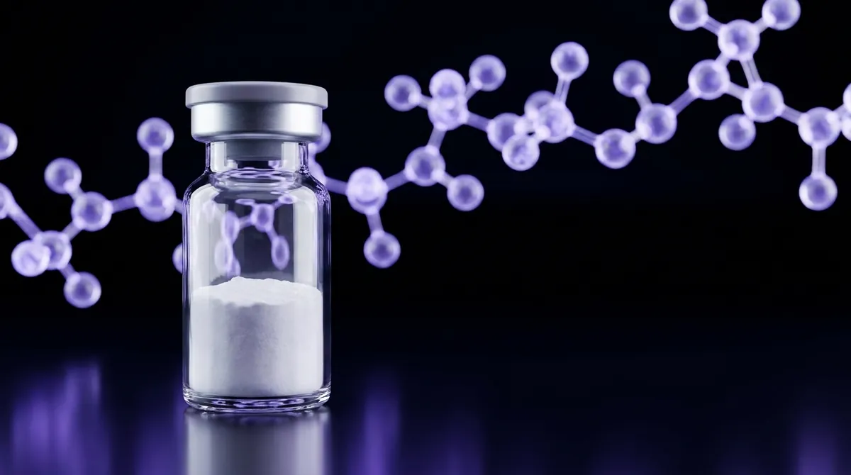 Laboratory vial of lyophilized sleep and circadian research peptide powder such as DSIP on a dark surface with violet molecular chain