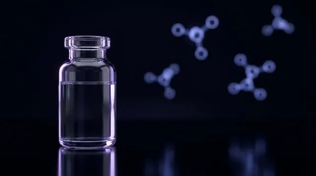 Laboratory vial of 0.6% acetic acid research solvent on a dark surface with a soft violet accent
