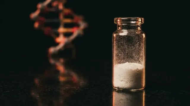 Laboratory vial of ARA-290 research peptide powder with a glowing warm red molecular chain