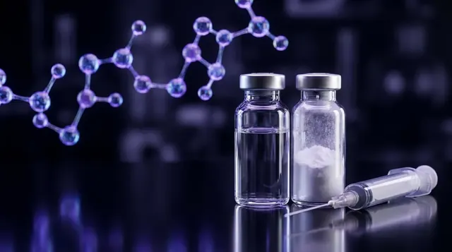 Laboratory vials of bacteriostatic water and acetic acid solvent for research peptide reconstitution