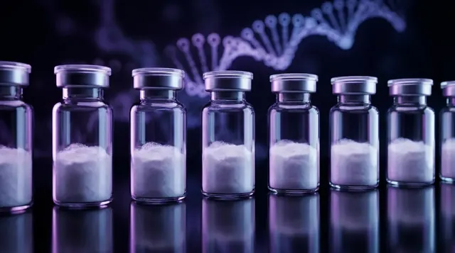 Laboratory glass vials of lyophilized bioregulator (Khavinson short) peptide powder for research use only
