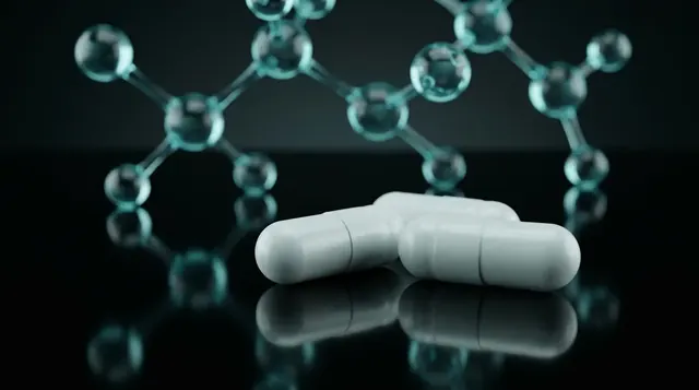 White Compound 7P research capsules with a glowing teal molecular chain