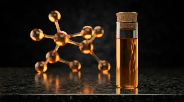 Laboratory vial of DADA research solution with a glowing amber molecular chain