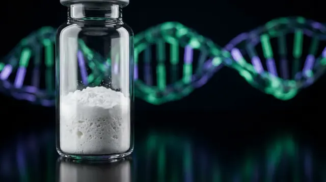 Laboratory vial of Epithalon research peptide powder with a glowing emerald and violet molecular chain