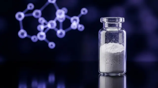 Laboratory vial of research compound powder representing exercise mimetics research