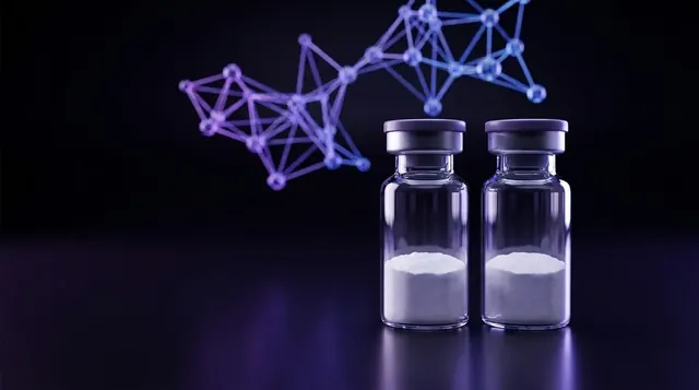 Two research-grade GHRP-2 and GHRP-6 peptide vials with lyophilized powder on a dark violet laboratory background