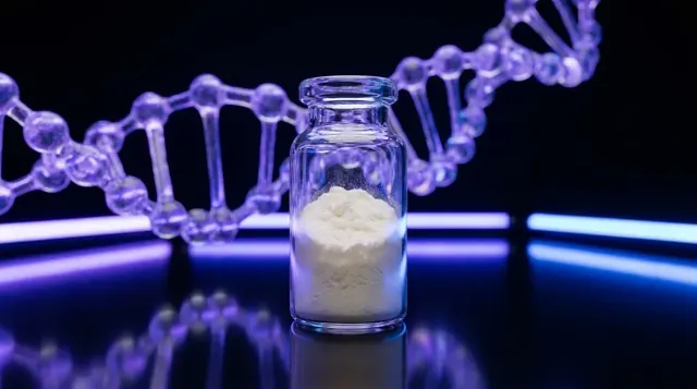 Laboratory vial of lyophilized growth hormone secretagogue research peptide on a dark violet background