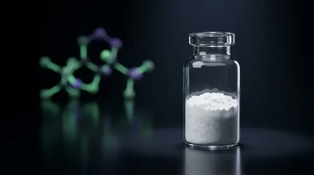 Laboratory vial of HGH Fragment 176-191 research peptide powder with a glowing green and violet molecular chain