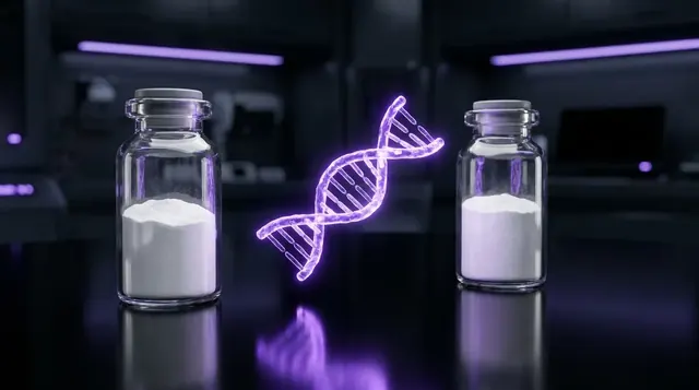 Two laboratory vials with a glowing molecular structure representing the Ipamorelin and CJC-1295 research combination