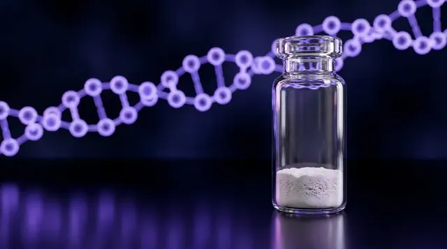 Laboratory vial of Ipamorelin research peptide powder with a glowing violet molecular chain