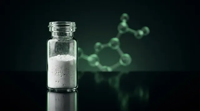 Laboratory vial of Livagen research peptide powder with a glowing green molecular chain
