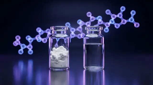 NAD+ and 5-amino-1MQ research vials with lyophilized powder and solution on a dark laboratory surface