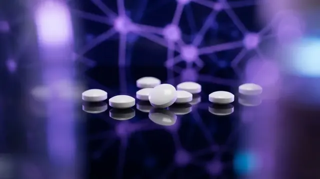 Small white Noopept research tablets with a glowing violet neural molecular network