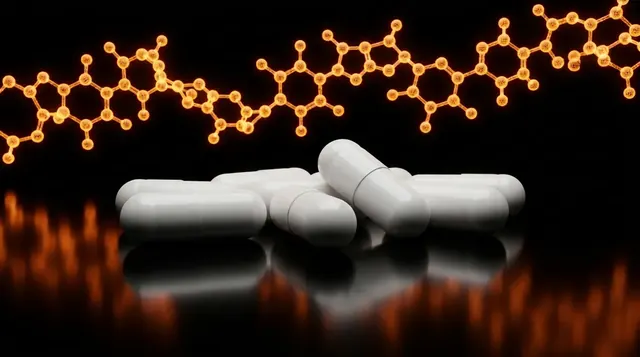 White O-304 research capsules with a glowing orange molecular chain