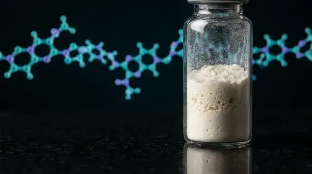 Laboratory vial of Ovagen research peptide powder with a glowing teal molecular chain