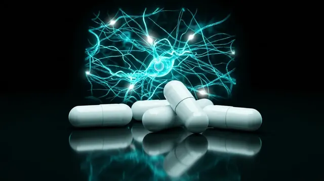 White Phenylpiracetam hydrazide research capsules with a glowing cyan neural molecular network