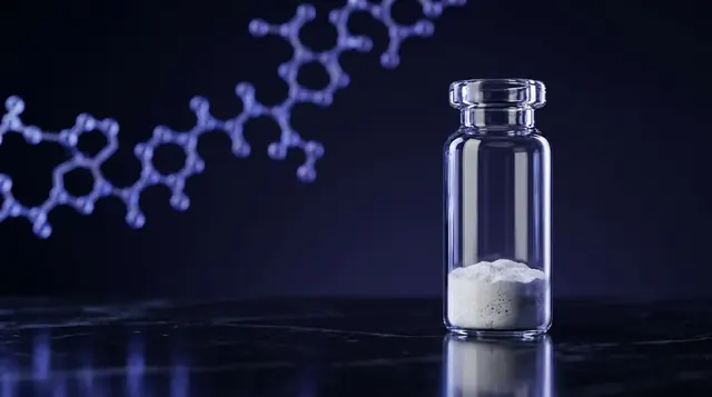 Laboratory vial of Pinealon research peptide powder with a glowing indigo molecular chain
