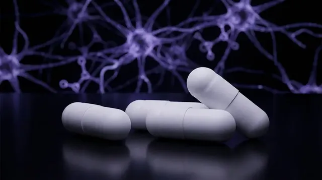 White PRL-8-53 research capsules with a glowing violet neural molecular network