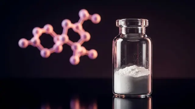 Laboratory vial of PT-141 research peptide powder with a glowing pink and violet molecular chain