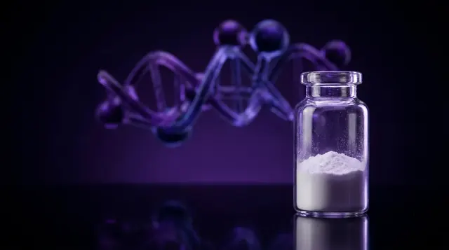 Laboratory vial of Retatrutide research peptide powder with a glowing violet molecular chain