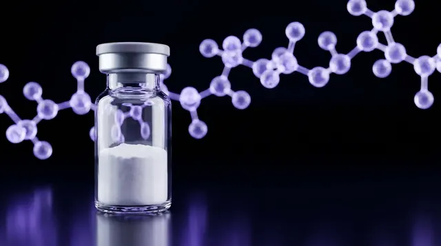 Laboratory vial of lyophilized sleep and circadian research peptide powder such as DSIP on a dark surface with violet molecular chain
