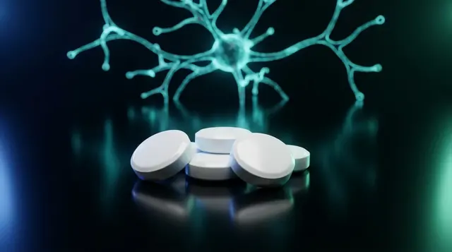 White TAK-653 research tablets with a glowing teal neural molecular network