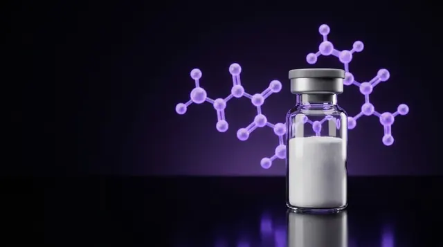 Laboratory glass vial of lyophilized TB-500 research peptide powder with a glowing violet molecular chain