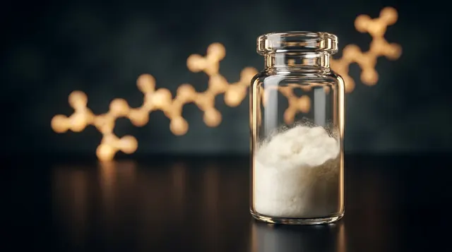 Laboratory vial of Thymosin Alpha 1 research peptide powder with a glowing golden amber molecular chain