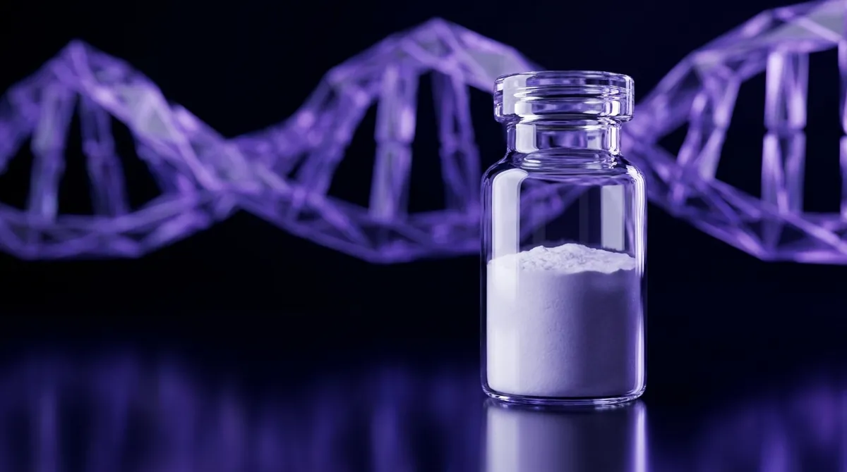 Laboratory glass vial of lyophilized tissue repair research peptide powder with a violet molecular chain, research use only